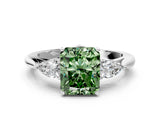 White gold Fancy Green Radiant Cut Diamond Three-Stone Ring with Pear  Side Stones and Prong Setting_120