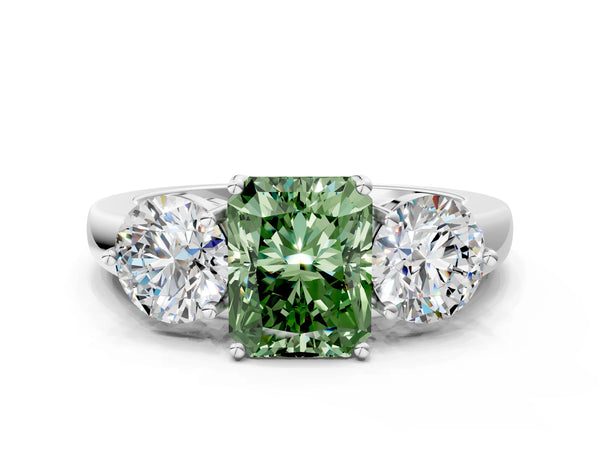 Platinum Fancy Green Radiant Cut Diamond Three-Stone Ring with Prong Setting and Classic Band