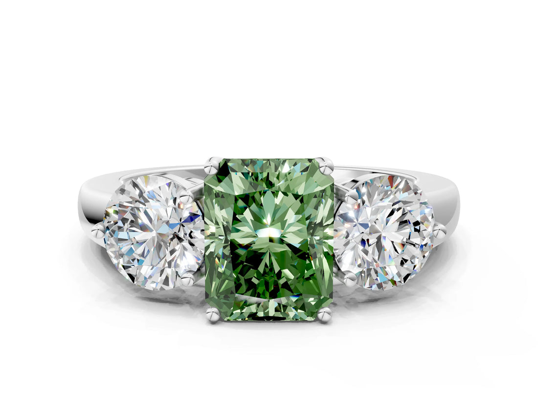 White gold Fancy Green Radiant Cut Diamond Three-Stone Ring with Prong Setting and Classic Band_133