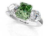 White gold Fancy Green Radiant Cut Diamond Three-Stone Ring with Prong Setting and Classic Band_134
