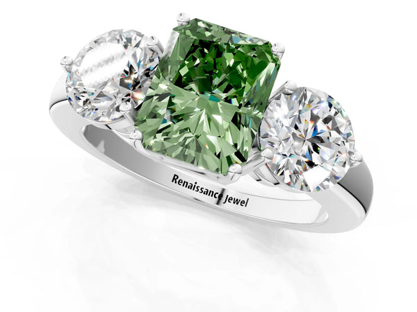 Platinum Fancy Green Radiant Cut Diamond Three-Stone Ring with Prong Setting and Classic Band