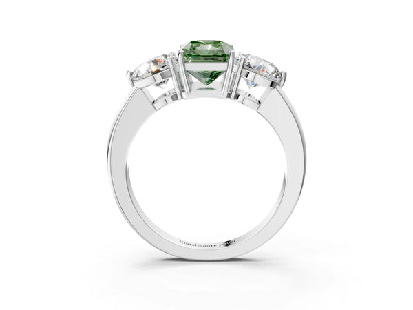 Platinum Fancy Green Radiant Cut Diamond Three-Stone Ring with Prong Setting and Classic Band