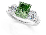 White gold Fancy Green Radiant Cut Diamond Three-Stone Ring with Prong Setting and Pavé Band_1
