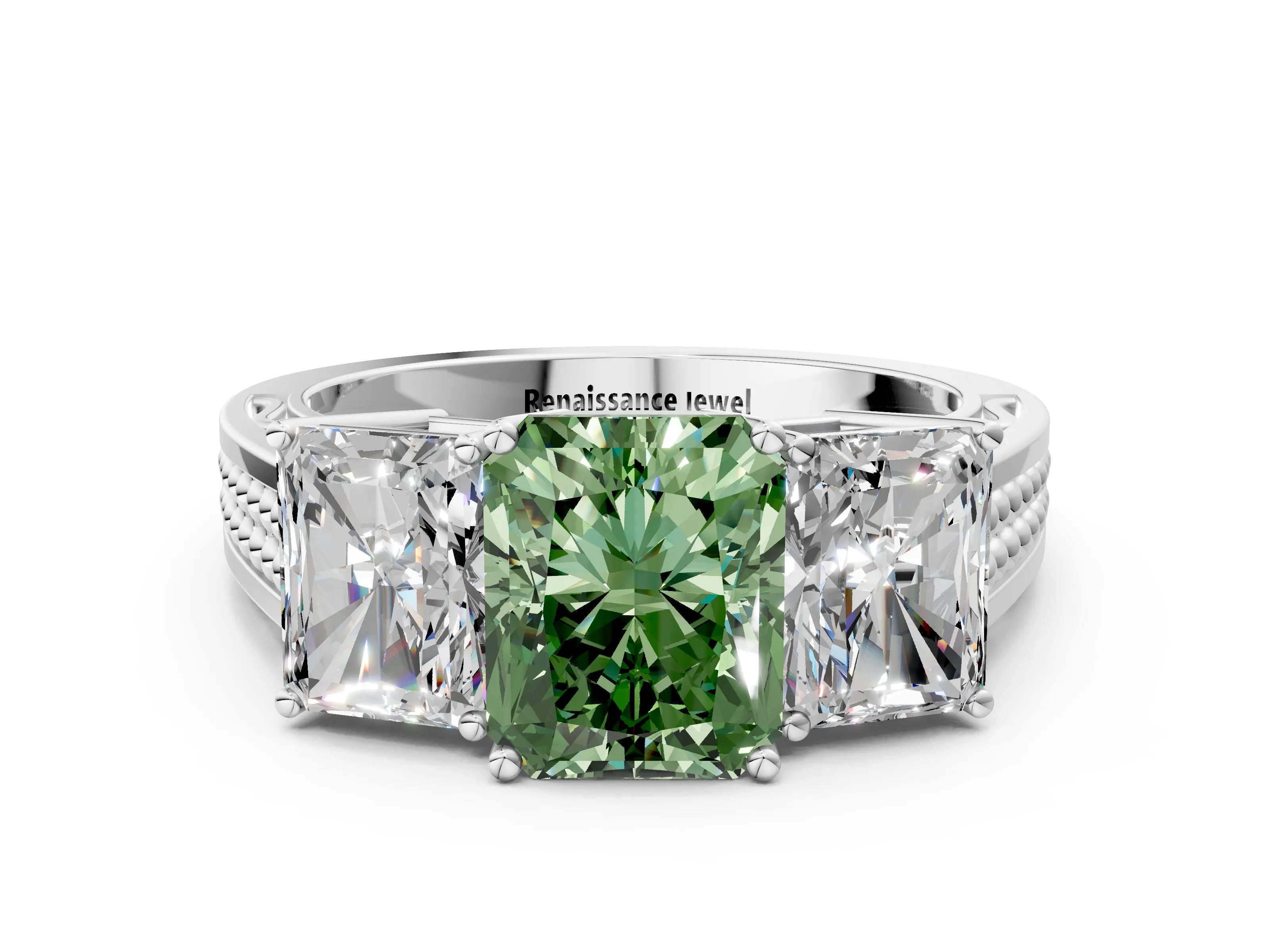 White gold Fancy Green Radiant Cut Diamond Three-Stone Ring with Prong Setting and Textured Band_12