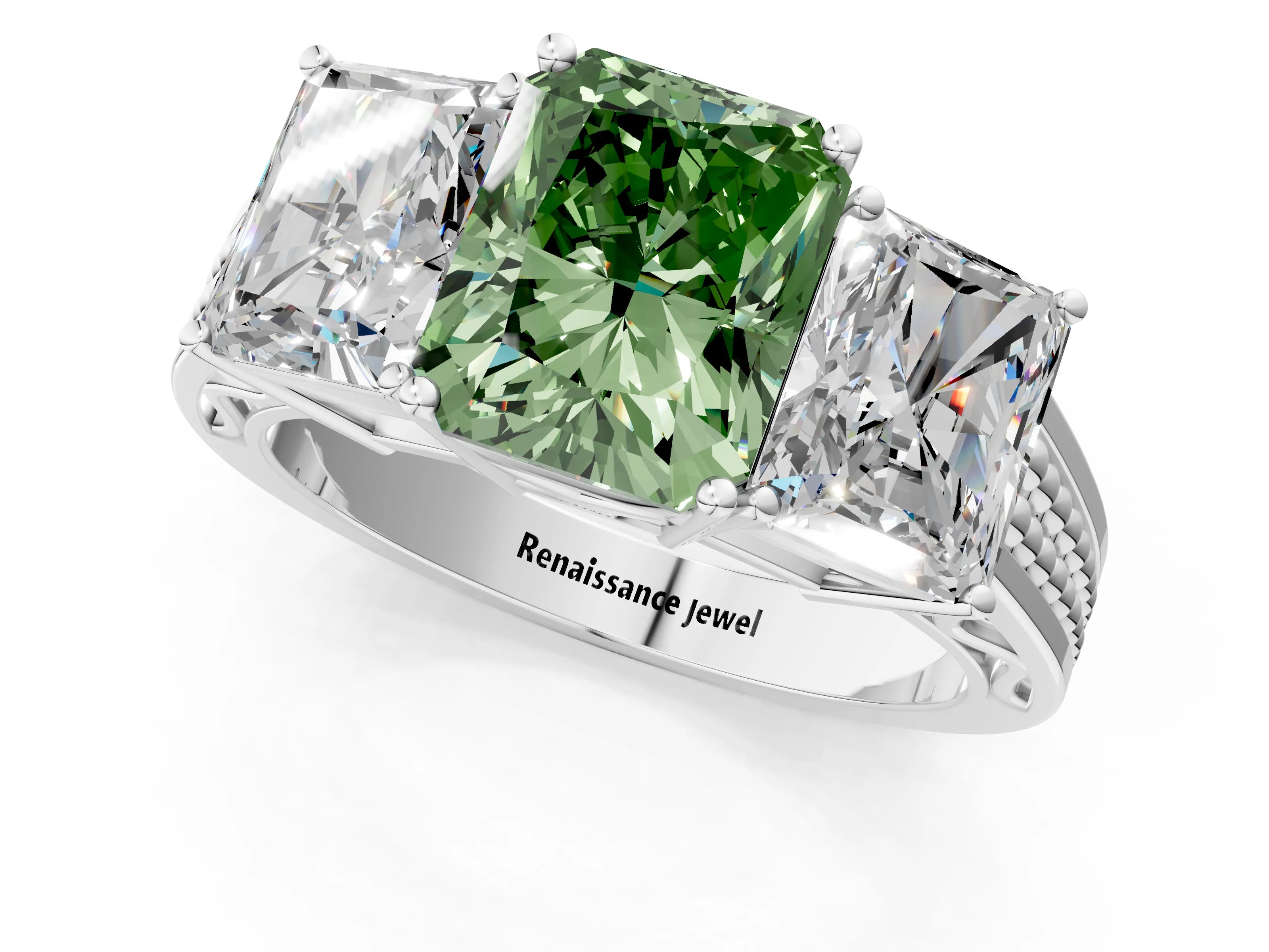 White gold Fancy Green Radiant Cut Diamond Three-Stone Ring with Prong Setting and Textured Band_13