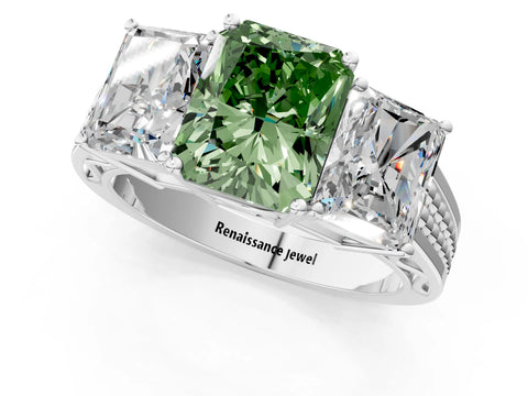 White gold Fancy Green Radiant Cut Diamond Three-Stone Ring with Prong Setting and Textured Band_13