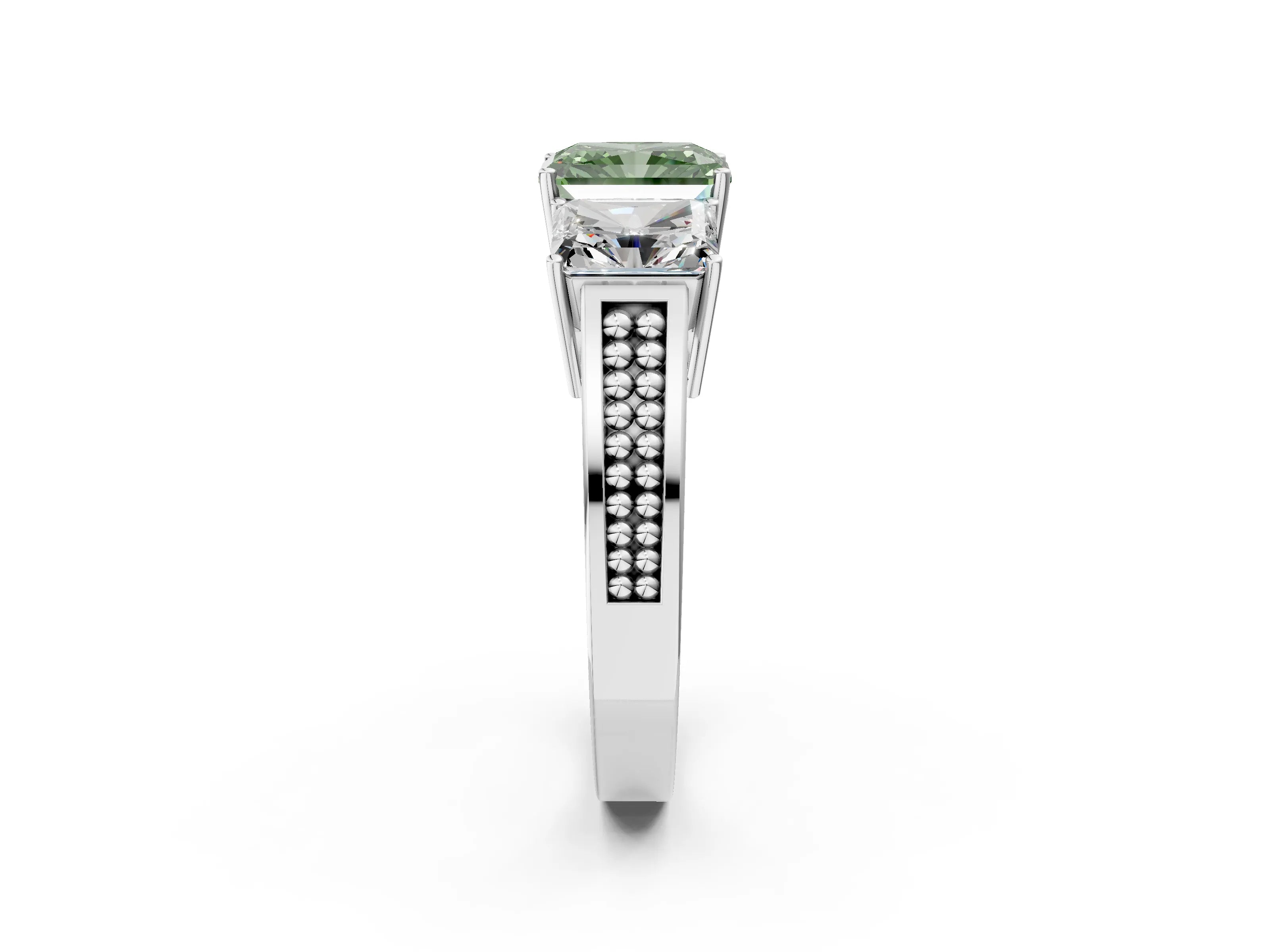 White gold Fancy Green Radiant Cut Diamond Three-Stone Ring with Prong Setting and Textured Band_14