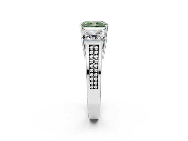 Platinum Fancy Green Radiant Cut Diamond Three-Stone Ring with Prong Setting and Textured Band