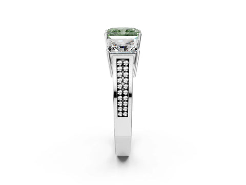 White gold Fancy Green Radiant Cut Diamond Three-Stone Ring with Prong Setting and Textured Band_14