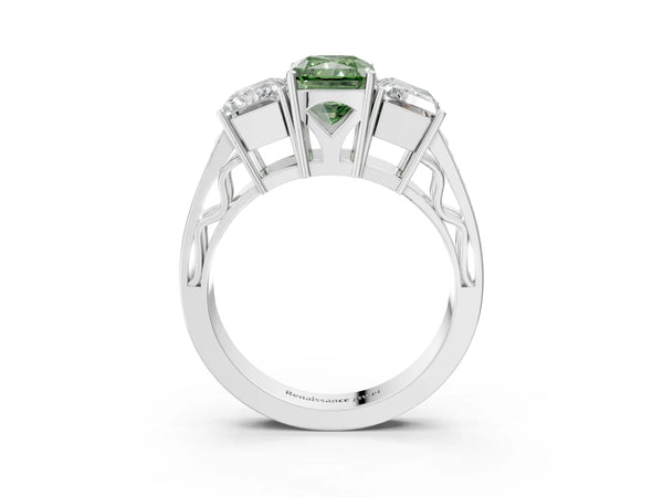 Platinum Fancy Green Radiant Cut Diamond Three-Stone Ring with Prong Setting and Textured Band