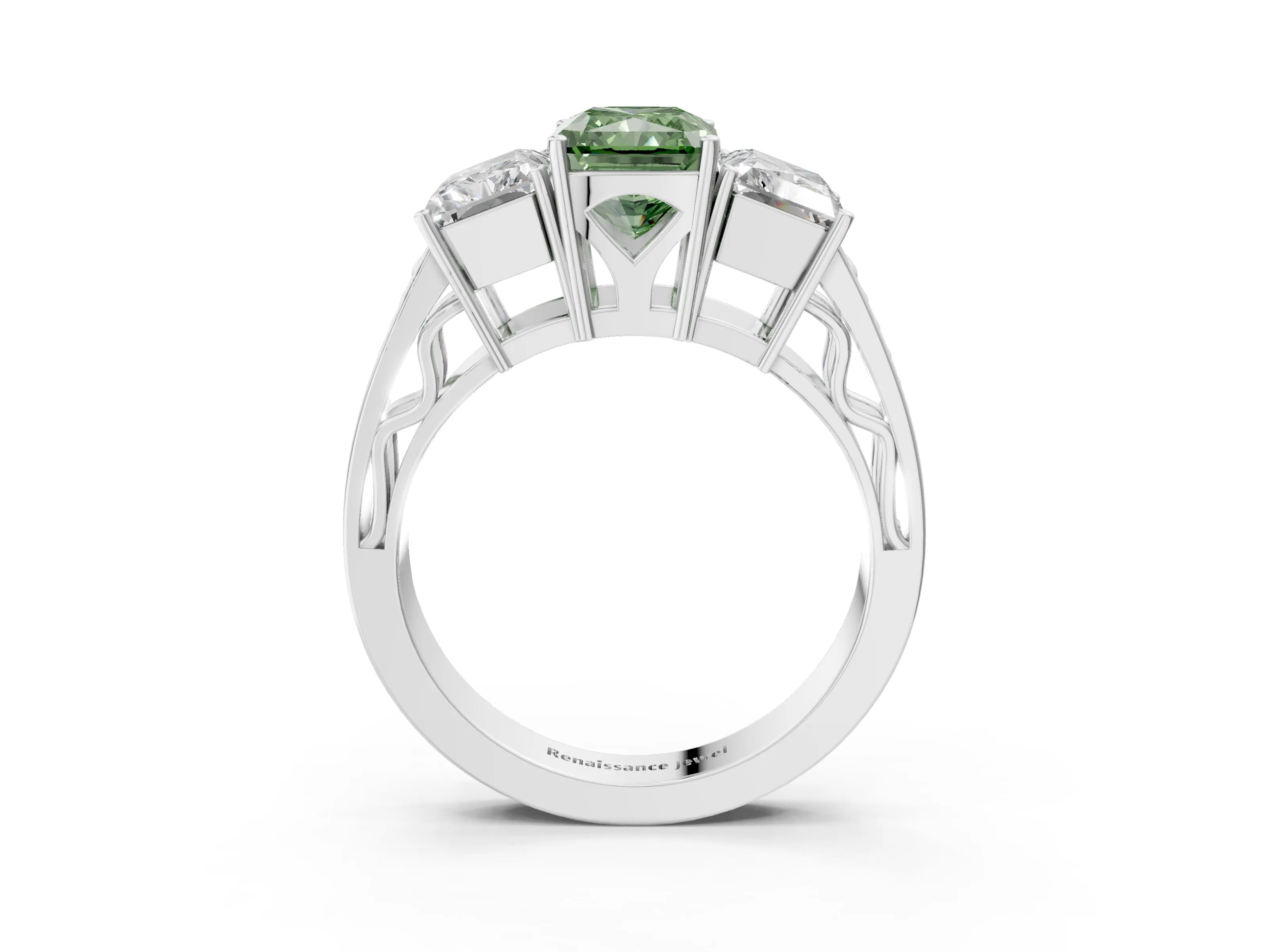 White gold Fancy Green Radiant Cut Diamond Three-Stone Ring with Prong Setting and Textured Band_15