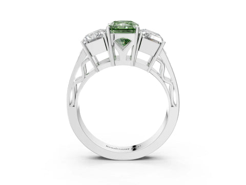 White gold Fancy Green Radiant Cut Diamond Three-Stone Ring with Prong Setting and Textured Band_15