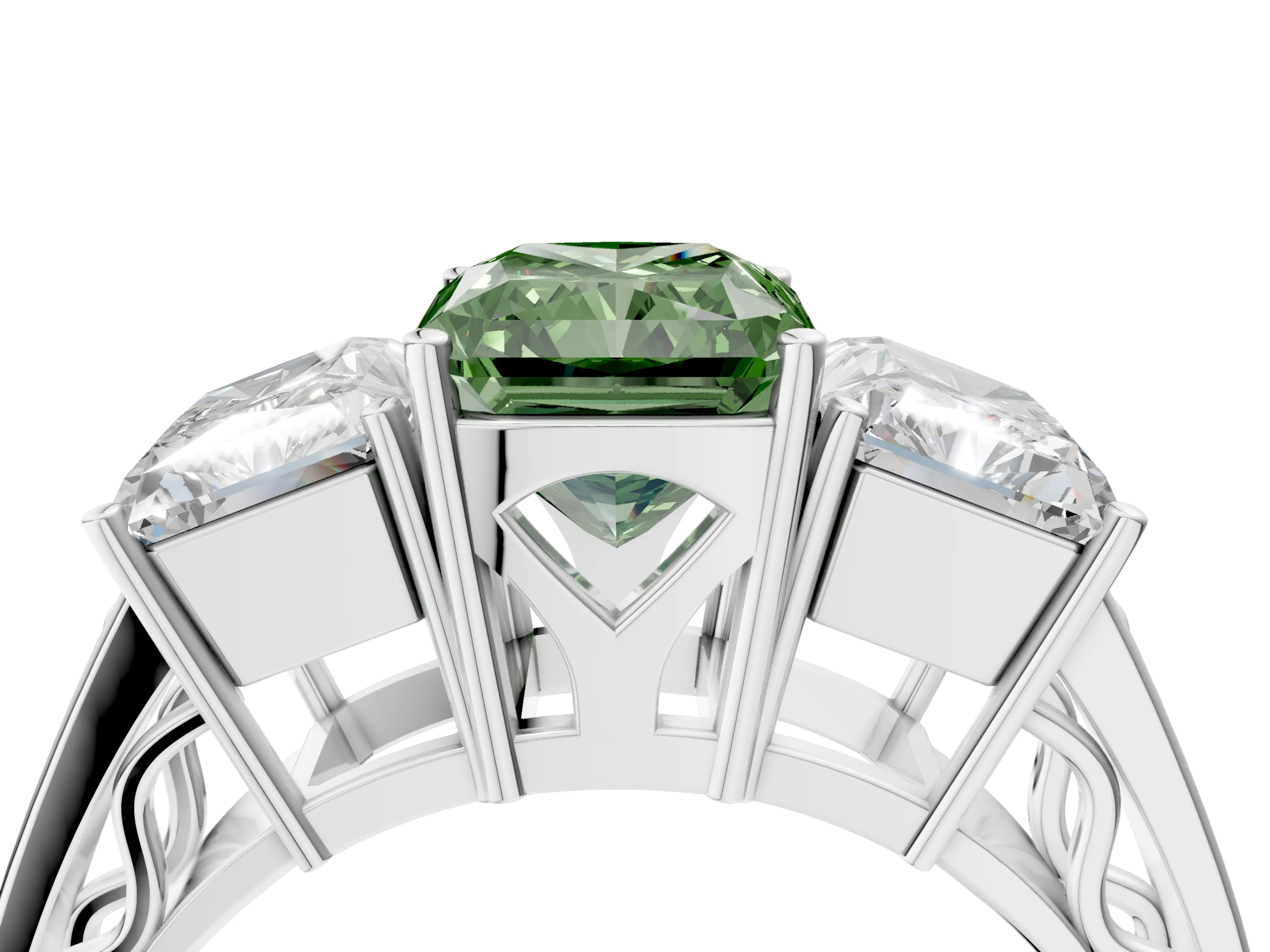 White gold Fancy Green Radiant Cut Diamond Three-Stone Ring with Prong Setting and Textured Band_16