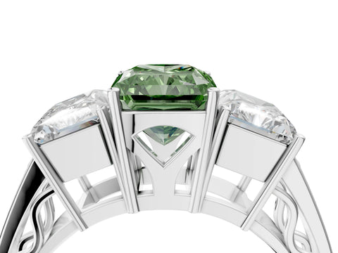 White gold Fancy Green Radiant Cut Diamond Three-Stone Ring with Prong Setting and Textured Band_16