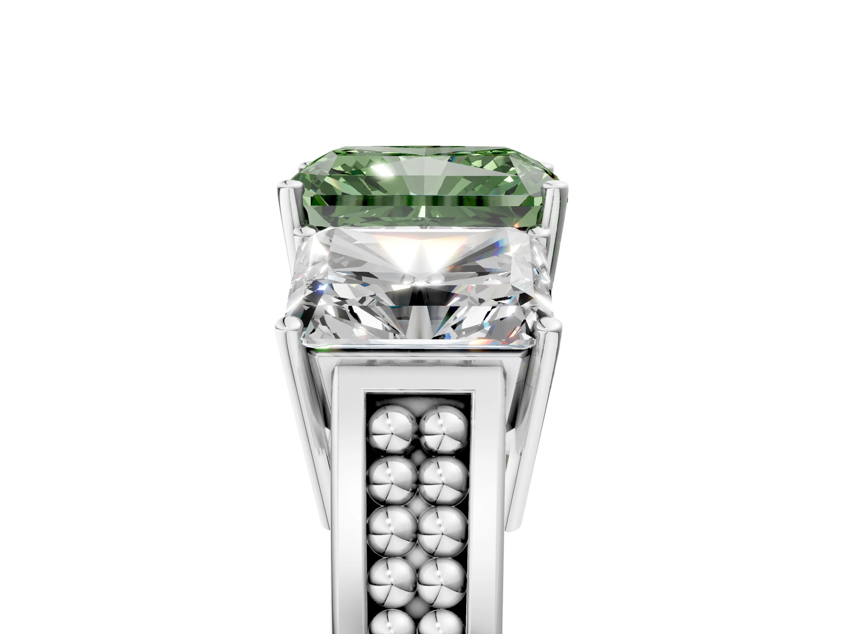White gold Fancy Green Radiant Cut Diamond Three-Stone Ring with Prong Setting and Textured Band_17