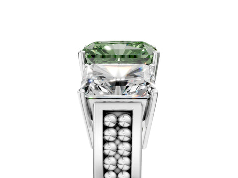 White gold Fancy Green Radiant Cut Diamond Three-Stone Ring with Prong Setting and Textured Band_17