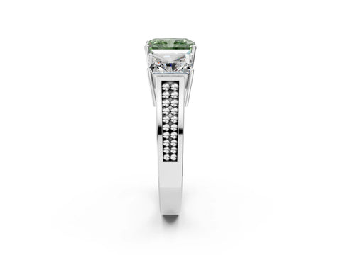 White gold Fancy Green Radiant Cut Diamond Three-Stone Ring with Prong Setting and Textured Band_2
