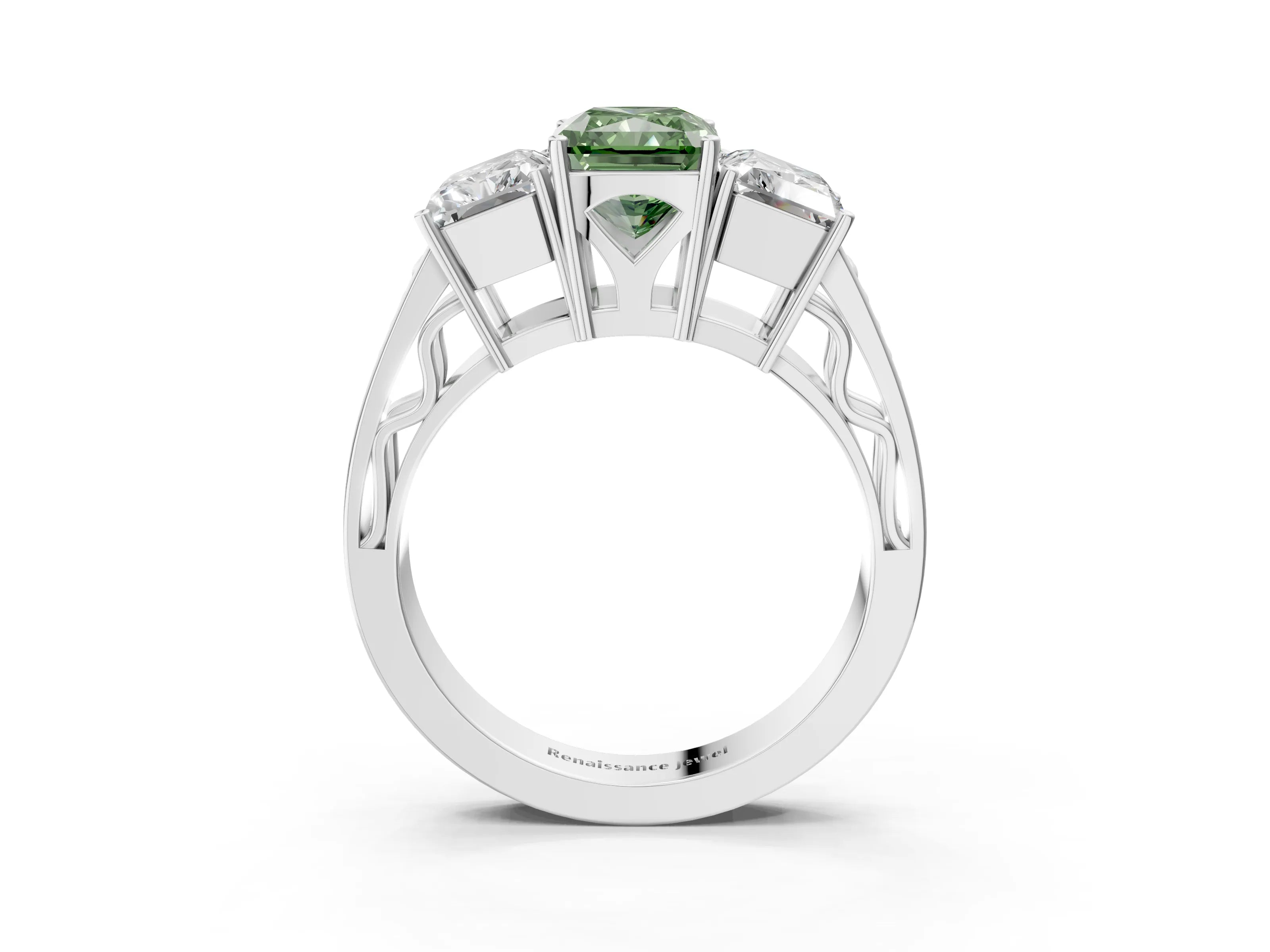 White gold Fancy Green Radiant Cut Diamond Three-Stone Ring with Prong Setting and Textured Band_3