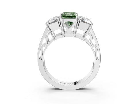 White gold Fancy Green Radiant Cut Diamond Three-Stone Ring with Prong Setting and Textured Band_3