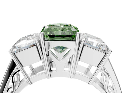 White gold Fancy Green Radiant Cut Diamond Three-Stone Ring with Prong Setting and Textured Band_4