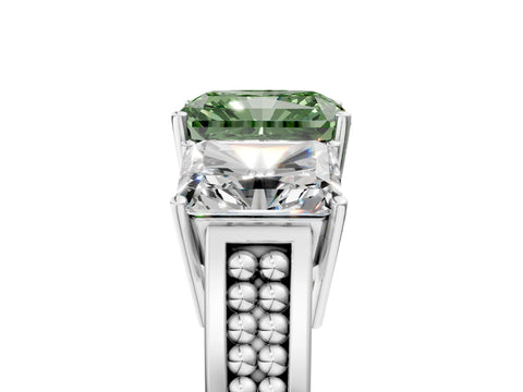 White gold Fancy Green Radiant Cut Diamond Three-Stone Ring with Prong Setting and Textured Band_5