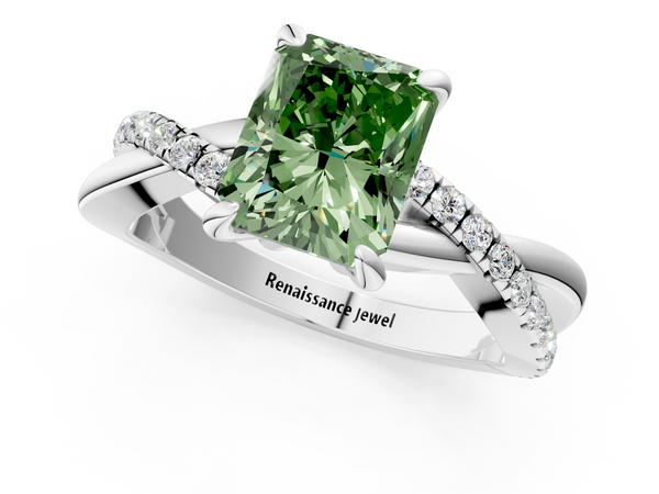 White gold Fancy Green Radiant  Cut Diamond Twist Band Solitaire with Prong Setting