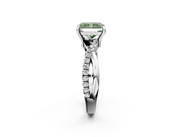 White gold Fancy Green Radiant  Cut Diamond Twist Band Solitaire with Prong Setting