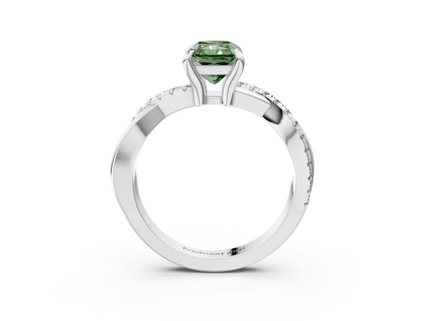 White gold Fancy Green Radiant  Cut Diamond Twist Band Solitaire with Prong Setting