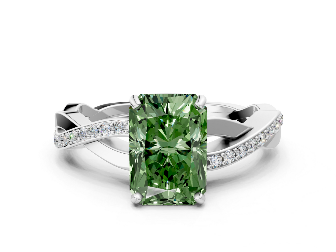 White gold Fancy Green Radiant  Cut Diamond Twisted Band Engagement Ring with Prong Setting_3