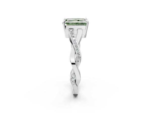 Platinum Fancy Green Radiant  Cut Diamond Twisted Band Engagement Ring with Prong Setting