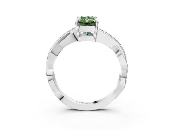 Platinum Fancy Green Radiant  Cut Diamond Twisted Band Engagement Ring with Prong Setting