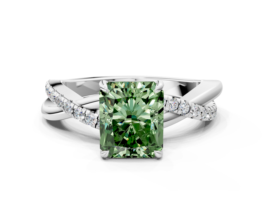 White gold Fancy Green Radiant  Cut Diamond Twisted Band with Pavé Setting and Four-Prong Setting_20