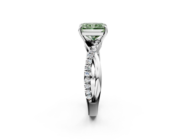 Platinum Fancy Green Radiant  Cut Diamond Twisted Band with Pavé Setting and Four-Prong Setting