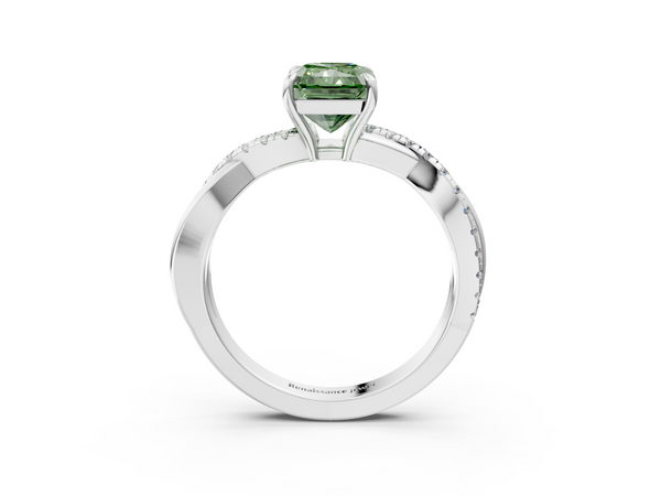 Platinum Fancy Green Radiant  Cut Diamond Twisted Band with Pavé Setting and Four-Prong Setting
