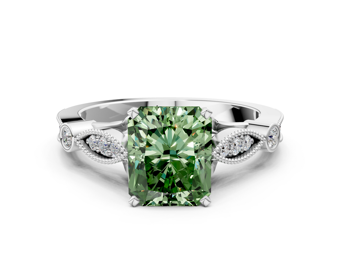 White gold Fancy Green Radiant  Cut Diamond with Milgrain Marquise and Bezel Accents on a Solitaire Band with Prong Setting_226