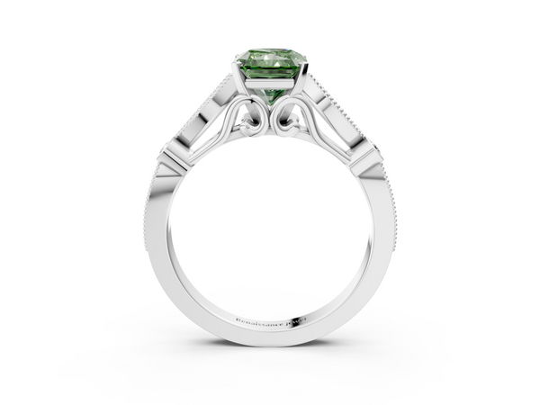 White gold Fancy Green Radiant  Cut Diamond with Milgrain Marquise and Bezel Accents on a Solitaire Band with Prong Setting