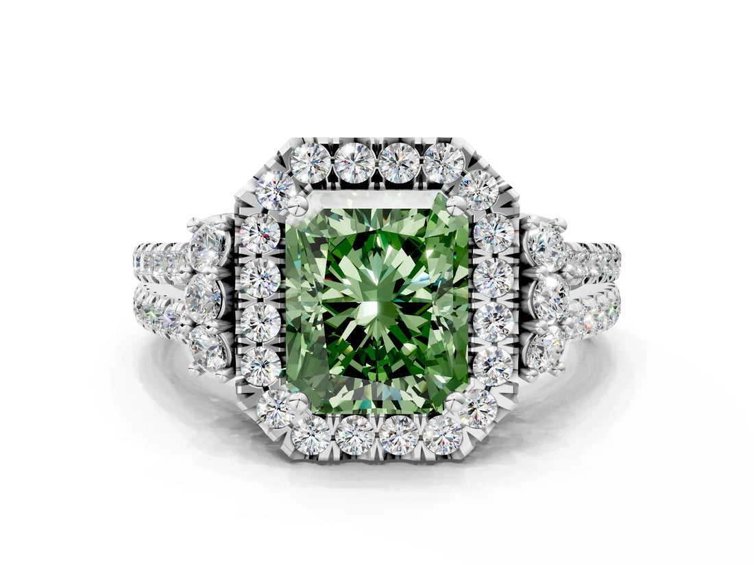 White gold Fancy Green Radiant  Cut Double Halo Diamond Engagement Ring with Pave Band and Four-Prong Setting_54