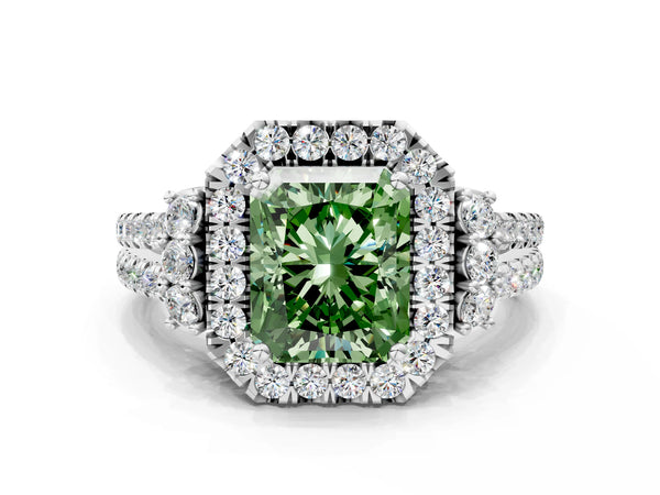 White gold Fancy Green Radiant  Cut Double Halo Diamond Engagement Ring with Pave Band and Four-Prong Setting