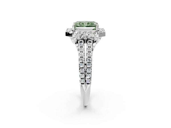 White gold Fancy Green Radiant  Cut Double Halo Diamond Engagement Ring with Pave Band and Four-Prong Setting