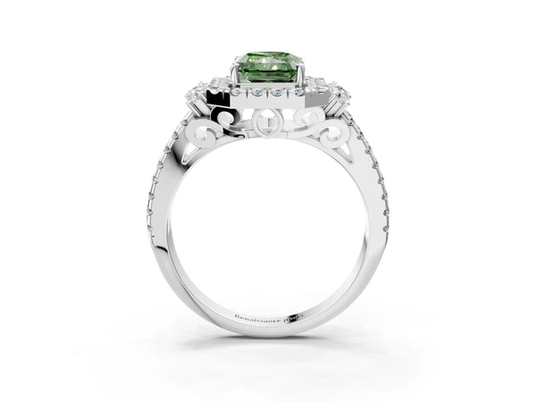 White gold Fancy Green Radiant  Cut Double Halo Diamond Engagement Ring with Pave Band and Four-Prong Setting