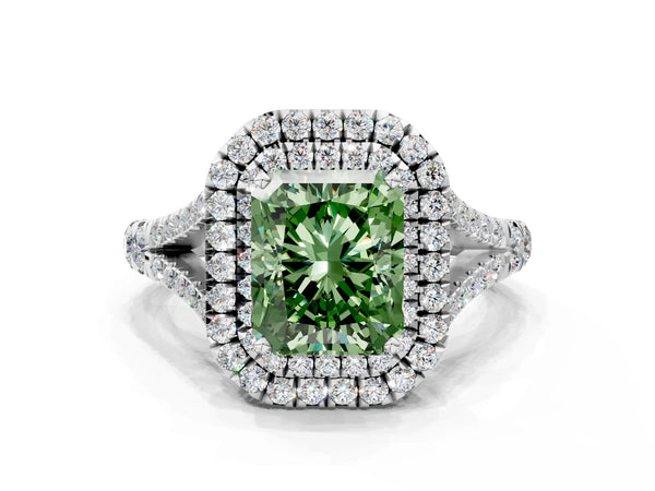 Platinum Fancy Green Radiant  Cut Double Halo Split Shank Diamond Ring with Prong Setting