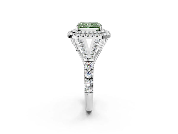 Platinum Fancy Green Radiant  Cut Double Halo Split Shank Diamond Ring with Prong Setting