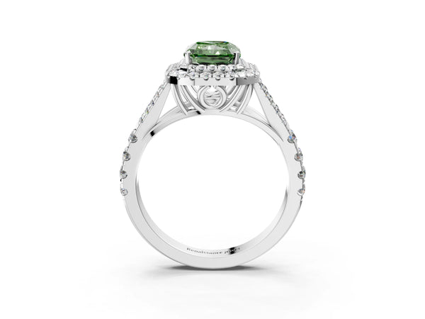 Platinum Fancy Green Radiant  Cut Double Halo Split Shank Diamond Ring with Prong Setting