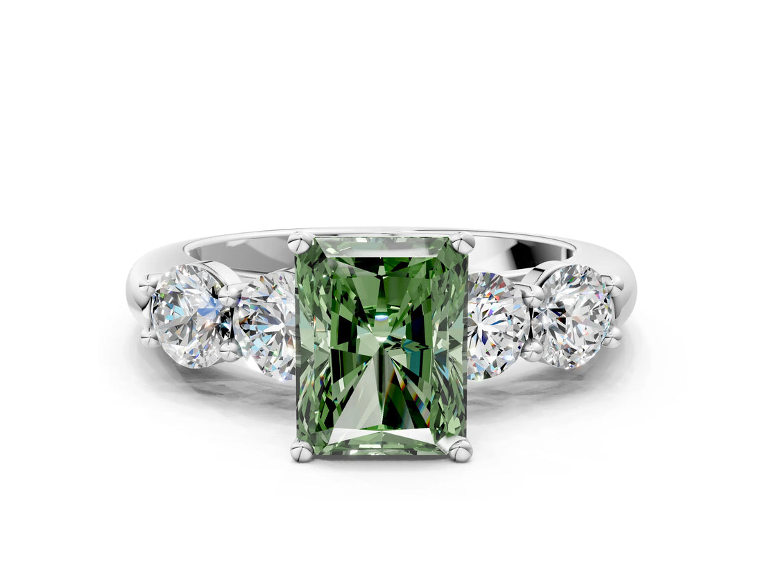 White gold Fancy Green Radiant  Cut Five-Stone Prong Set Diamond Ring with Classic Band_32
