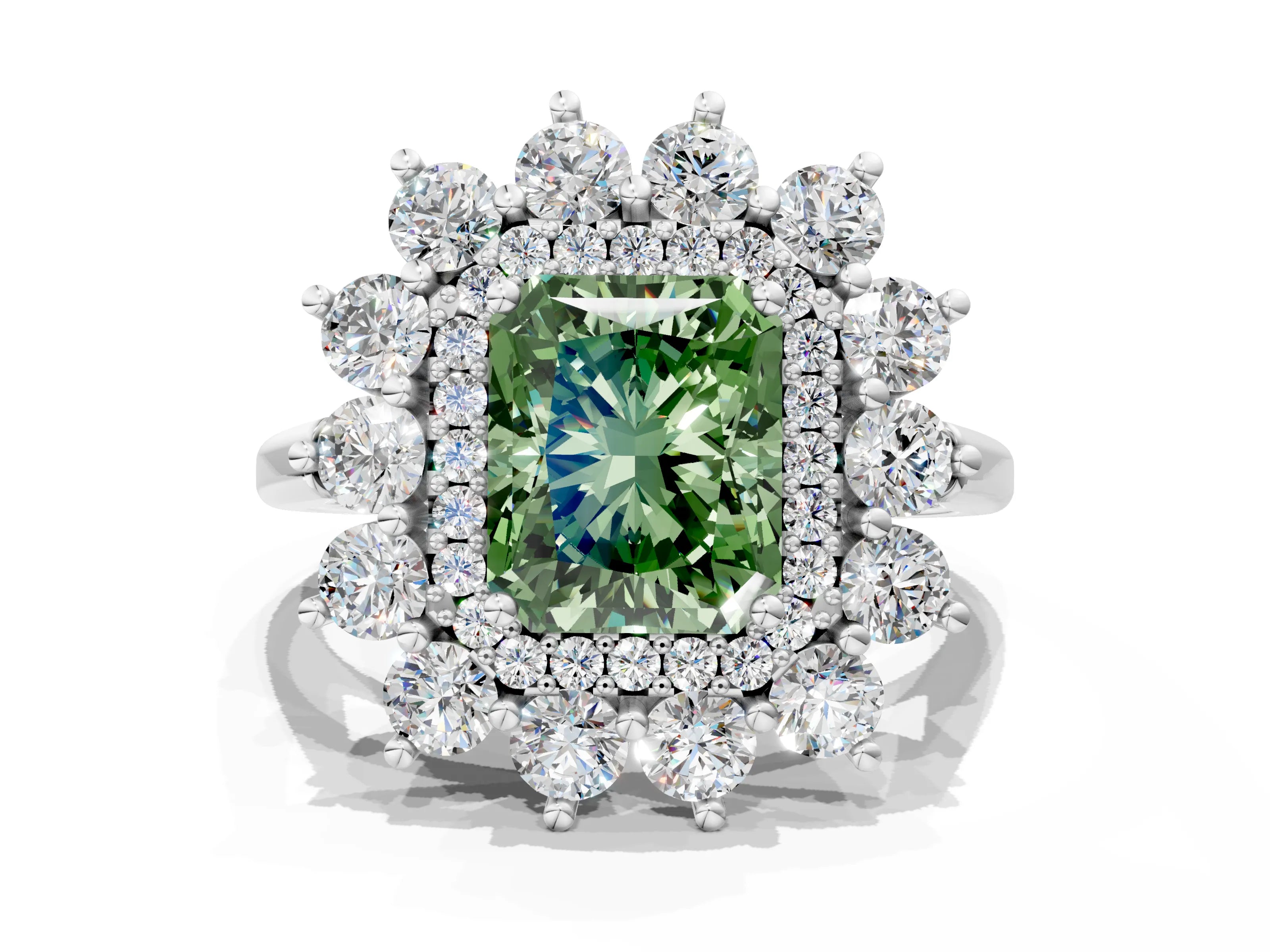 White gold Fancy Green Radiant Cut Halo Cluster Diamond Ring with Pave Band and Four-Prong Setting