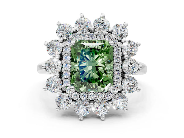 Platinum Fancy Green Radiant Cut Halo Cluster Diamond Ring with Pave Band and Four-Prong Setting