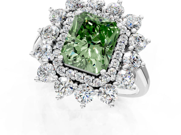 Platinum Fancy Green Radiant Cut Halo Cluster Diamond Ring with Pave Band and Four-Prong Setting