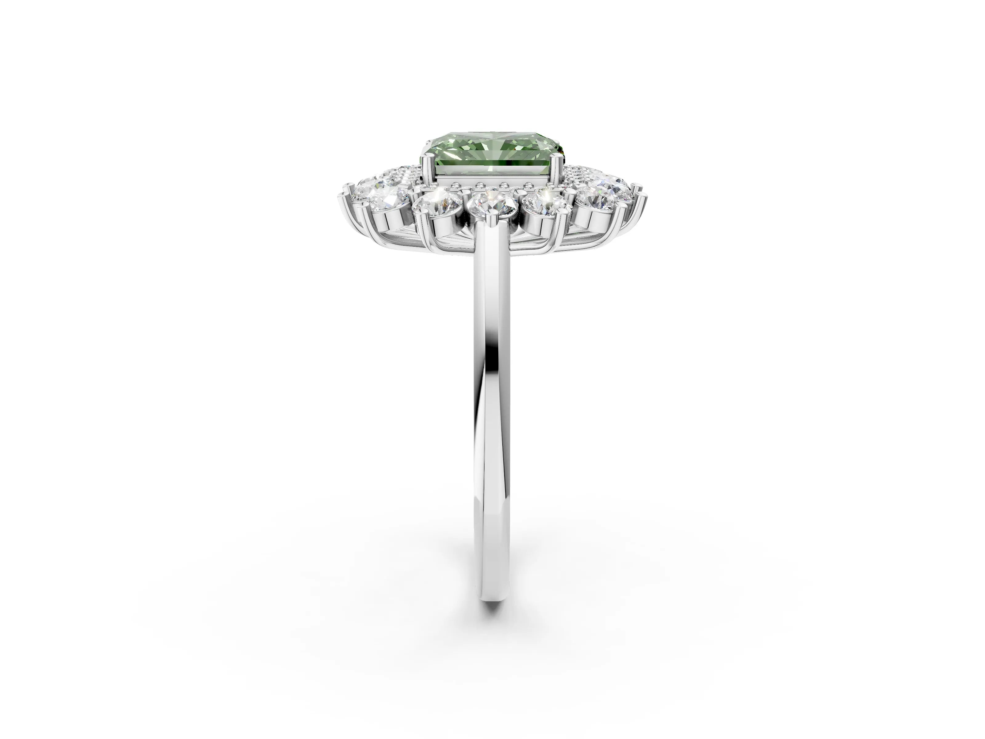 White gold Fancy Green Radiant Cut Halo Cluster Diamond Ring with Pave Band and Four-Prong Setting_14