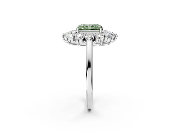 Platinum Fancy Green Radiant Cut Halo Cluster Diamond Ring with Pave Band and Four-Prong Setting