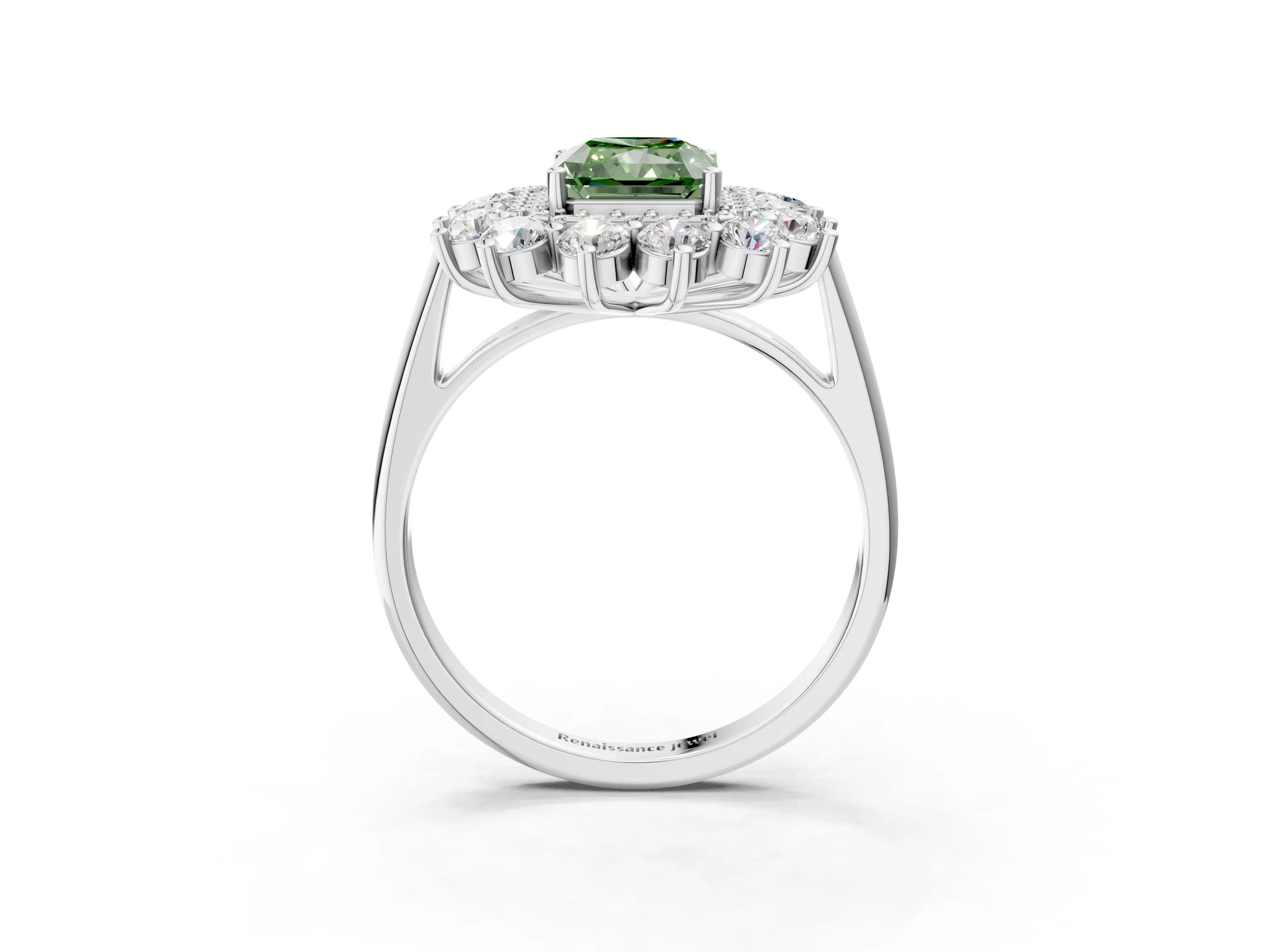 White gold Fancy Green Radiant Cut Halo Cluster Diamond Ring with Pave Band and Four-Prong Setting_15
